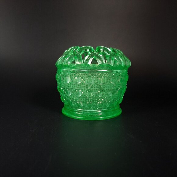 Imperial Glass Green Uranium Glass Bowl Open Lace Edge Cane Button Vintage - Picture 7 of 13
